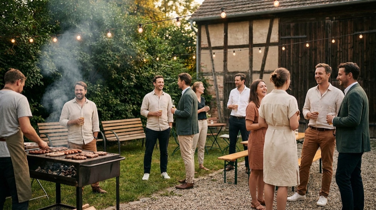 Unternehmerinnen und Unternehmer bei einem lockeren Sommerabend-BBQ im Biergarten des Schwalbennests — im Gespräch mit einem Getränk, ein Grill und die Fachwerk-Scheune im Hintergrund.